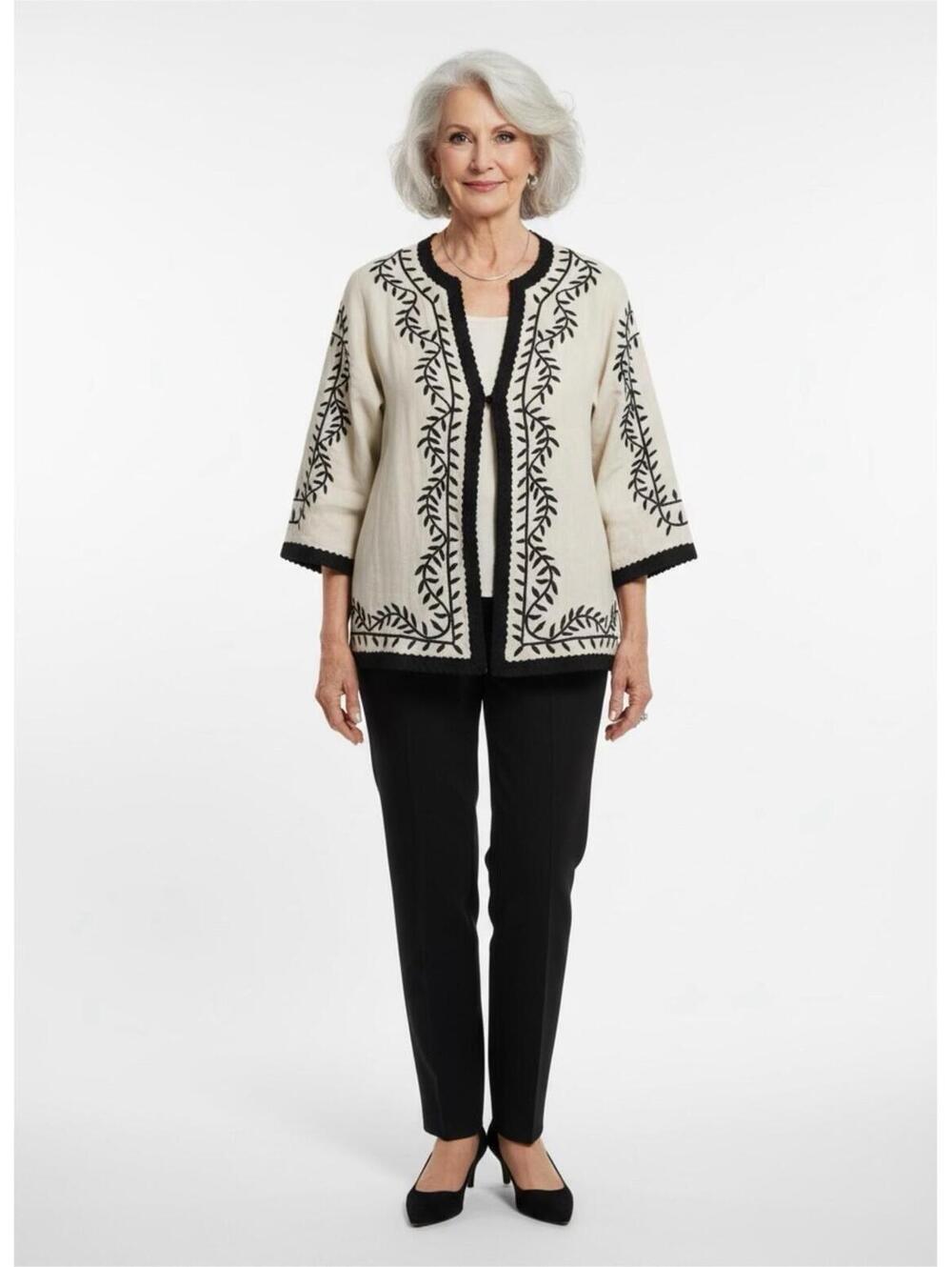 Linea by Louis Dell'Olio Cream Linen Embroidered Open Cardigan Jacket